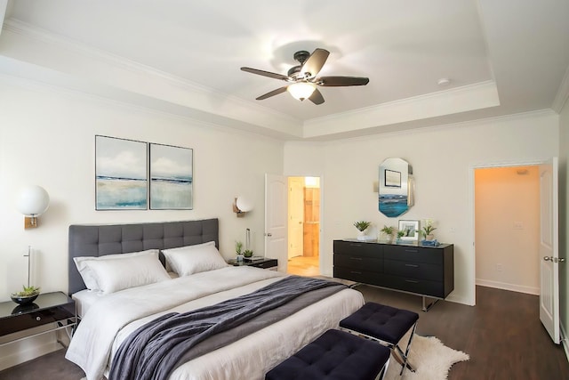 390 Anthony Branch Dr, Mount Juliet, TN 37122 - bedroom featuring crown molding, a ceiling fan, a raised ceiling, baseboards, and dark wood-style floors