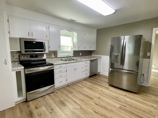 kitchen featuring sink, stainless steel appliances, white cabinets, and light hardwood / wood-style flooring