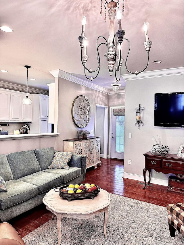 living room featuring crown molding and dark hardwood / wood-style floors