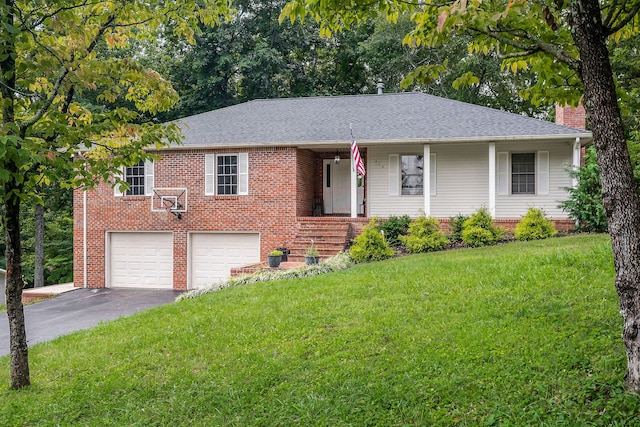 ranch-style home with a garage and a front lawn