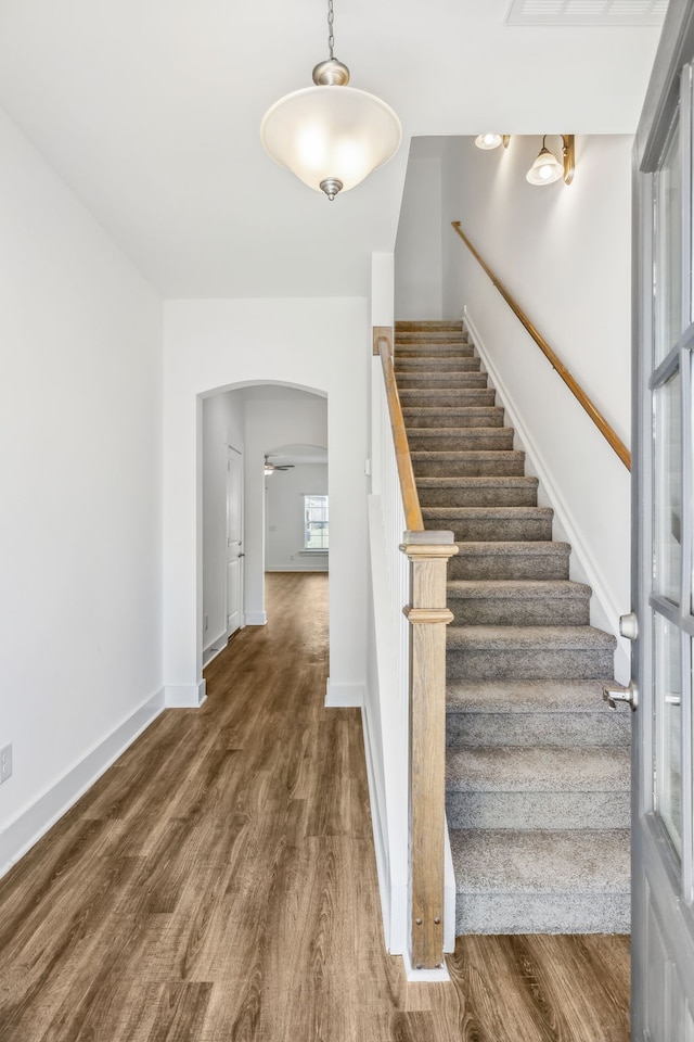 stairs with hardwood / wood-style floors