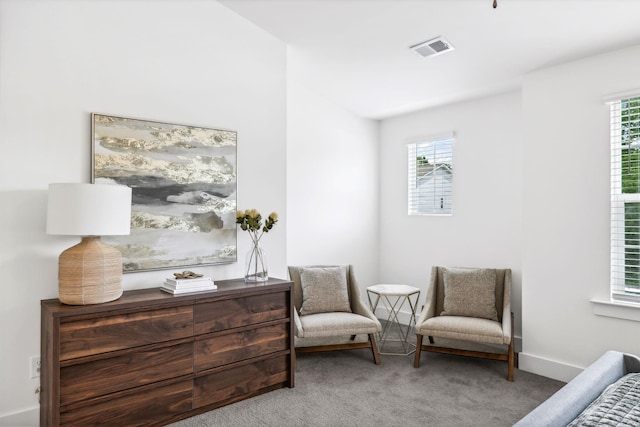 living area featuring light colored carpet and a healthy amount of sunlight