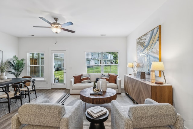 living room with light hardwood / wood-style flooring, ceiling fan, and plenty of natural light