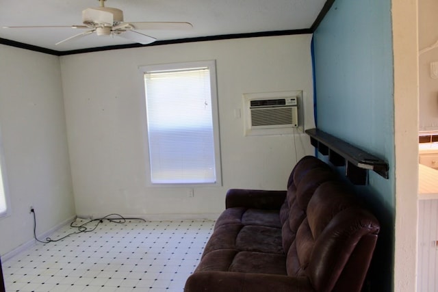 living room with ceiling fan, ornamental molding, and an AC wall unit