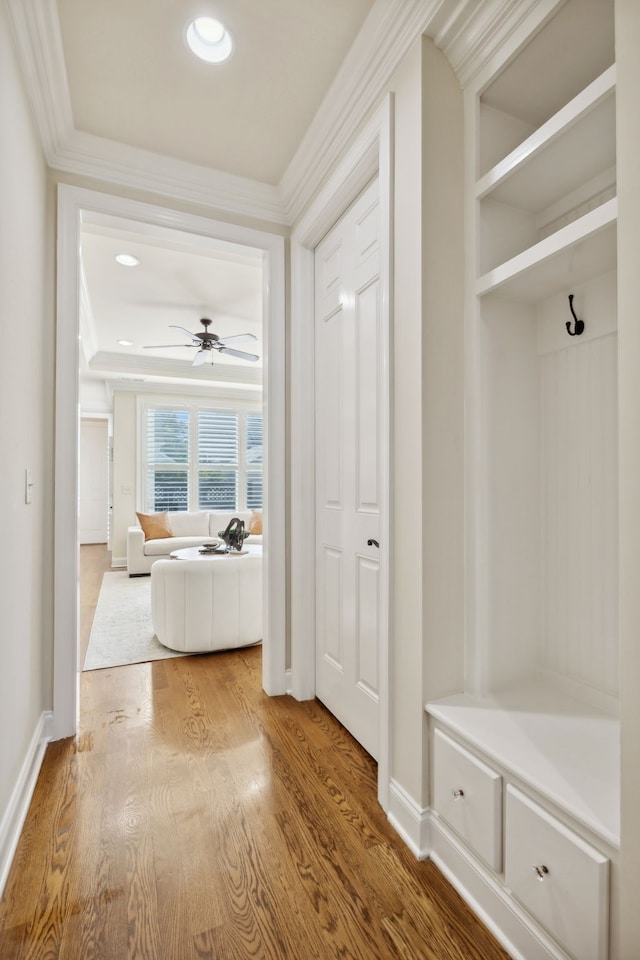 mudroom featuring ceiling fan, ornamental molding, and hardwood / wood-style flooring