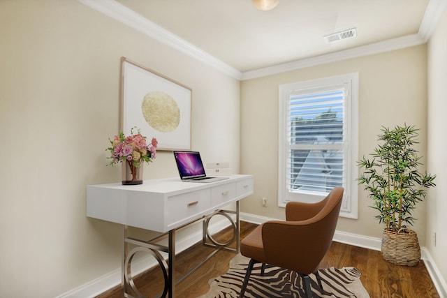 office area with dark hardwood / wood-style flooring and ornamental molding