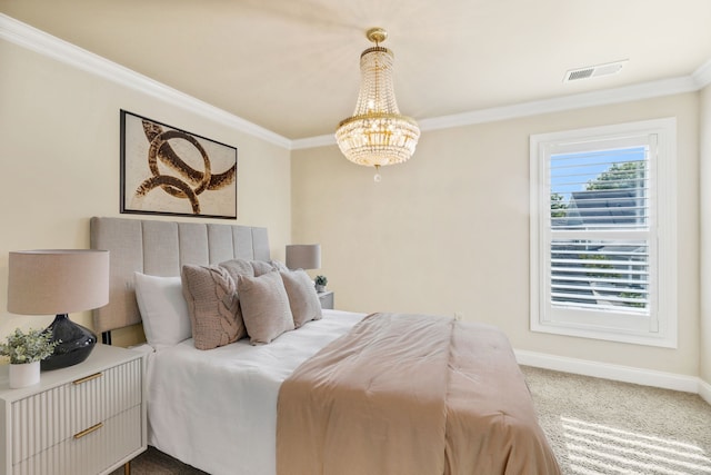 carpeted bedroom with crown molding and an inviting chandelier