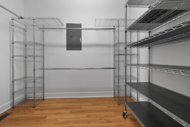 interior space with visible vents, wood finished floors, and electric panel