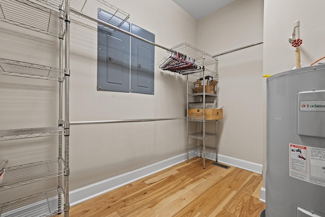 interior space featuring water heater, wood finished floors, and electric panel