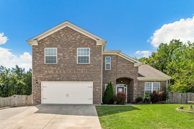 front facade with a garage and a front lawn