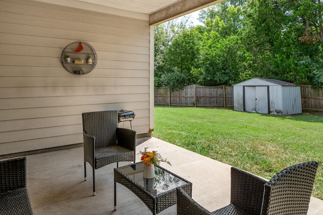 view of patio / terrace featuring a shed