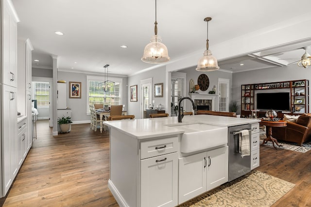 kitchen featuring sink, wood-type flooring, stainless steel dishwasher, white cabinetry, and a center island with sink