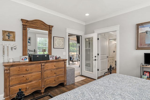 bedroom with crown molding, french doors, dark hardwood / wood-style flooring, and access to exterior