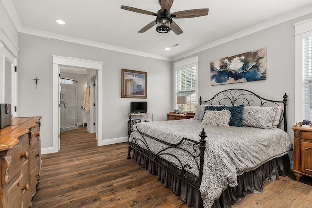 bedroom featuring ceiling fan, dark hardwood / wood-style floors, and crown molding