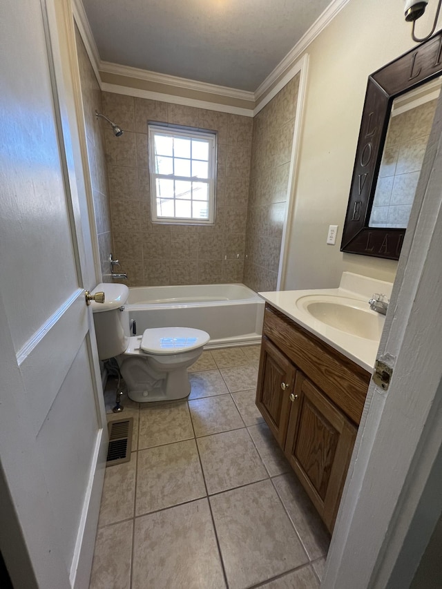 full bath featuring visible vents, toilet, ornamental molding, washtub / shower combination, and tile patterned floors