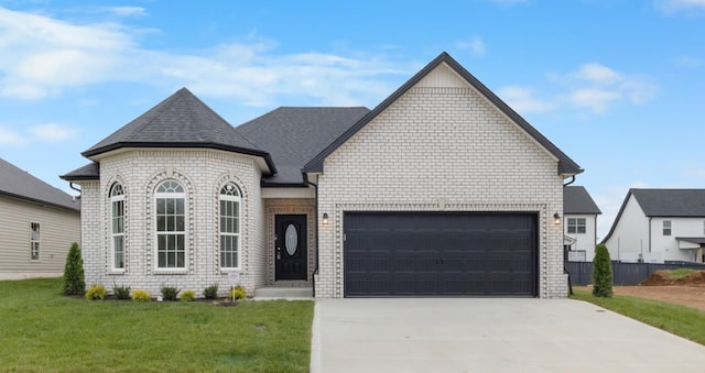 view of front of property with a garage and a front lawn