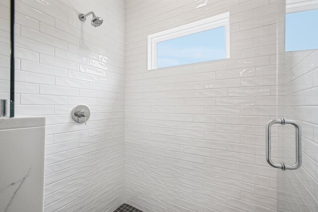 bathroom featuring a shower with shower door