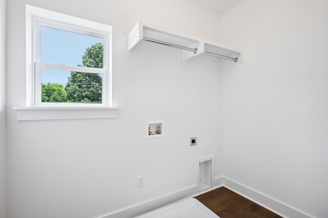 washroom with hookup for an electric dryer, washer hookup, and hardwood / wood-style floors