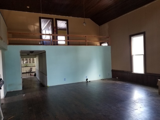 unfurnished room featuring high vaulted ceiling, a healthy amount of sunlight, and hardwood / wood-style flooring