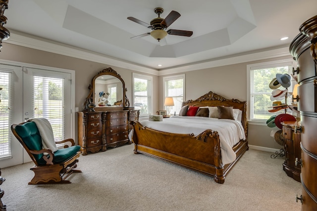 bedroom featuring multiple windows, a raised ceiling, and light colored carpet