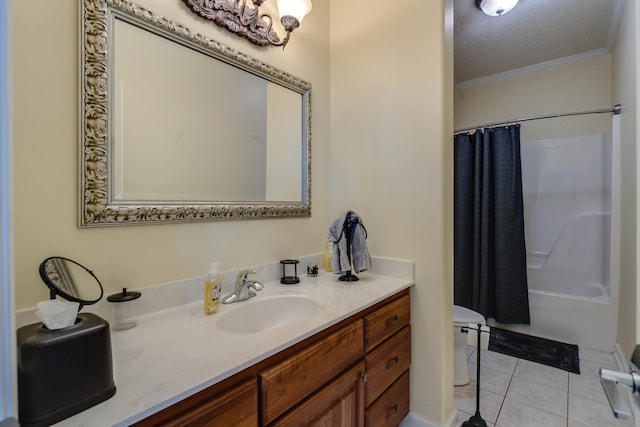 full bathroom with vanity, shower / tub combo, tile patterned floors, a textured ceiling, and toilet