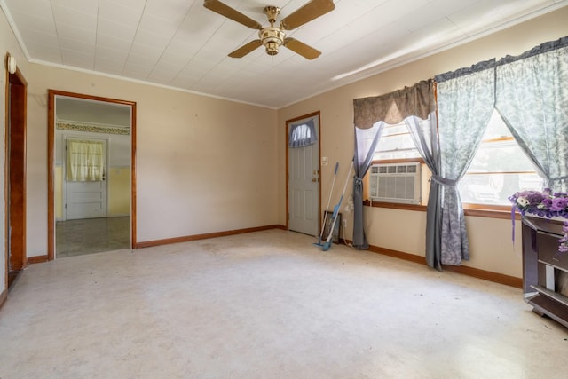 unfurnished room featuring crown molding, cooling unit, baseboards, and ceiling fan