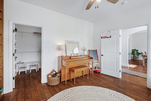 interior space featuring a walk in closet, a closet, ceiling fan, and dark hardwood / wood-style floors