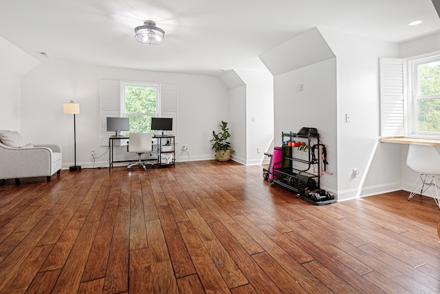 office featuring vaulted ceiling and wood-type flooring