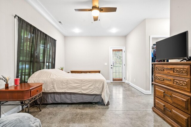 bedroom with ceiling fan and access to exterior