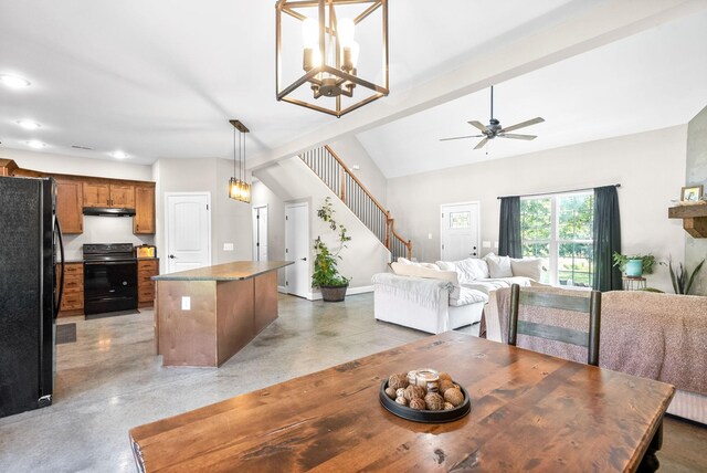 dining area with ceiling fan with notable chandelier and vaulted ceiling