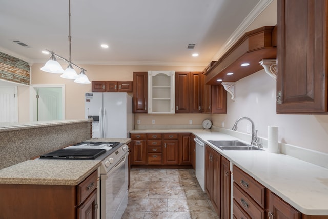 kitchen with light tile patterned flooring, sink, white appliances, crown molding, and pendant lighting