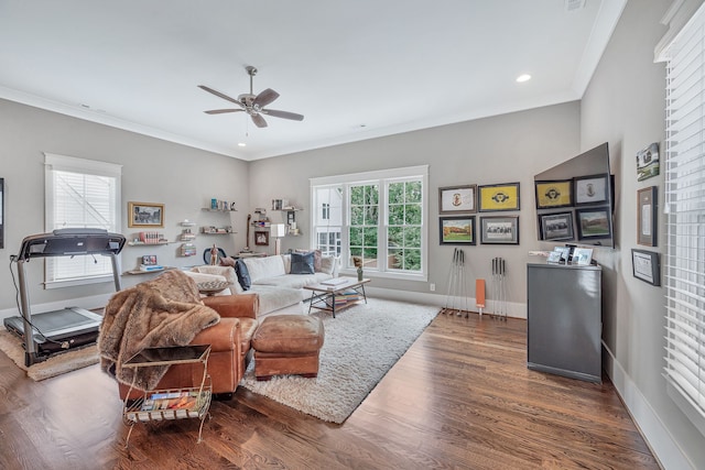 living room with plenty of natural light, ceiling fan, and dark hardwood / wood-style floors