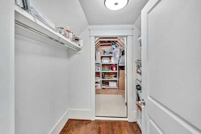 walk in closet featuring lofted ceiling and wood-type flooring