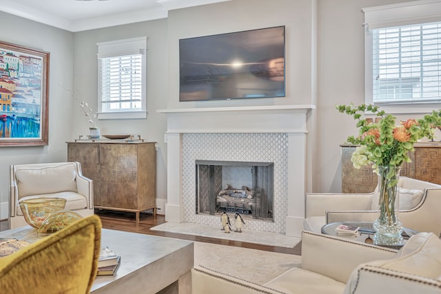 living room featuring crown molding, wood-type flooring, and a fireplace