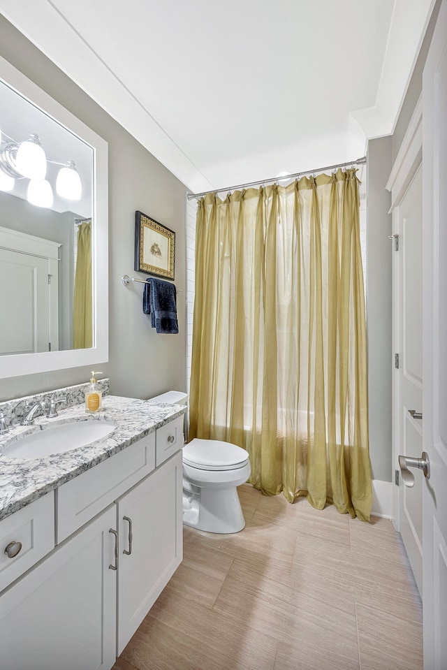 bathroom with vanity, toilet, and a shower with curtain