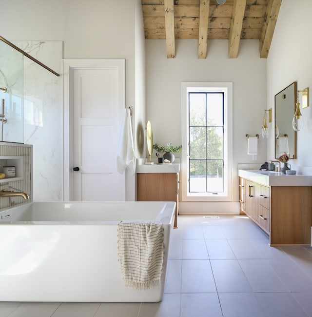 bathroom featuring tile patterned floors, beamed ceiling, vanity, and wood ceiling