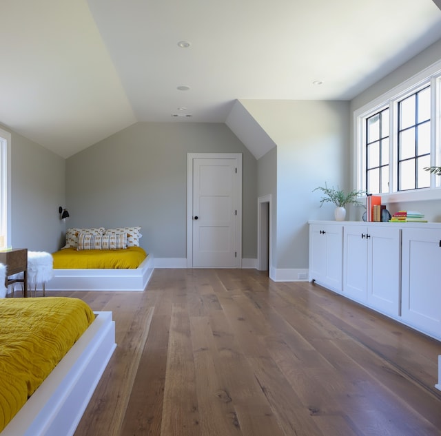 interior space with hardwood / wood-style flooring and lofted ceiling