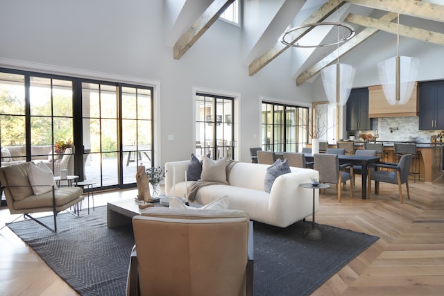 living room featuring beamed ceiling, a high ceiling, and parquet flooring