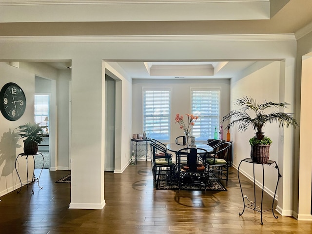 dining area with ornamental molding, a tray ceiling, and dark hardwood / wood-style flooring