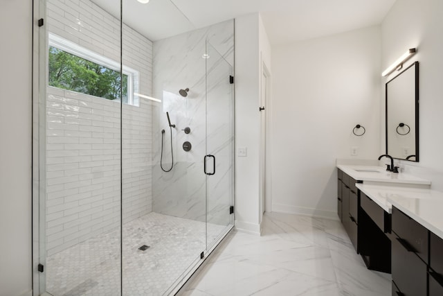 bathroom with vanity, walk in shower, and tile patterned floors