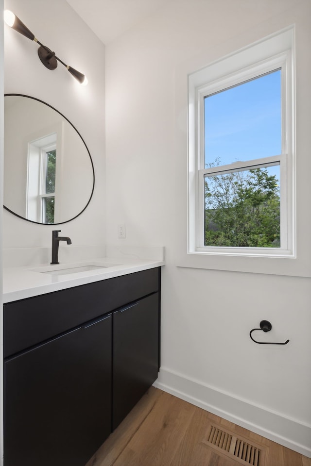 bathroom featuring plenty of natural light, hardwood / wood-style floors, and vanity