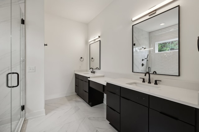 bathroom with tile patterned flooring, a shower with door, and vanity