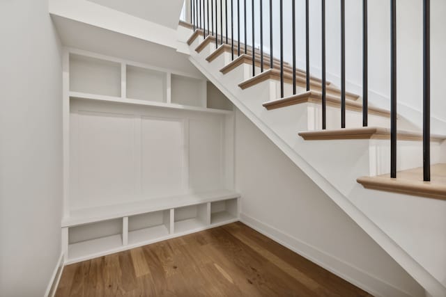 stairs with hardwood / wood-style flooring