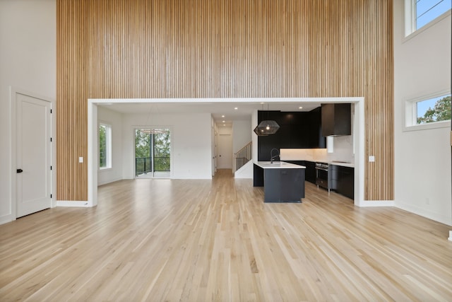 unfurnished living room with sink, a high ceiling, and light hardwood / wood-style flooring