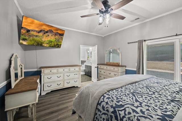 bedroom featuring ensuite bathroom, dark wood finished floors, visible vents, and crown molding