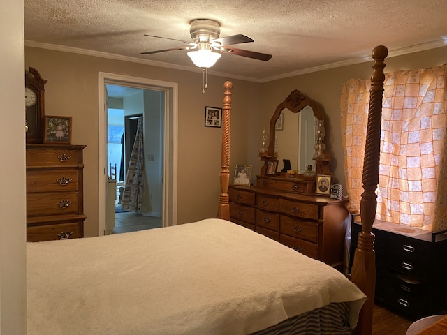 bedroom with ceiling fan, a textured ceiling, hardwood / wood-style flooring, and crown molding