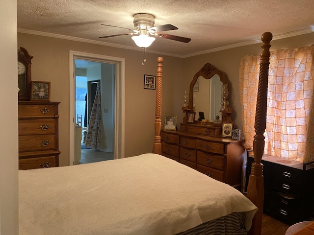 bedroom with a ceiling fan, ornamental molding, and a textured ceiling