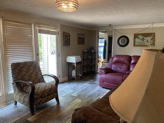 living area with a textured ceiling, ornamental molding, and dark wood-style flooring