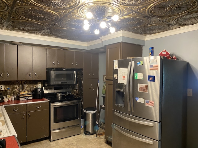 kitchen featuring decorative backsplash, appliances with stainless steel finishes, light tile patterned floors, crown molding, and dark brown cabinets