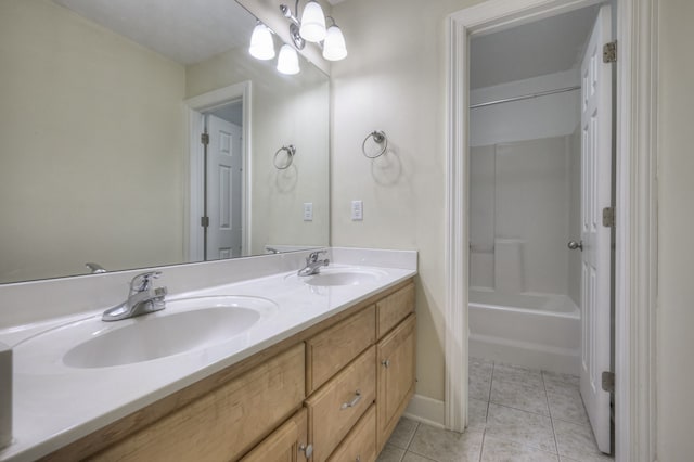 bathroom featuring tile patterned flooring, shower / tub combination, and vanity